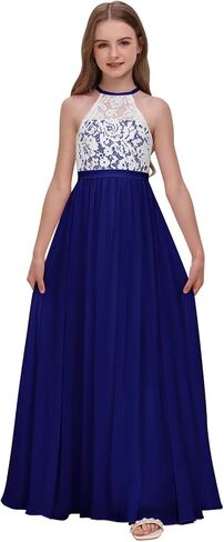Chiffon Junior Bridesmaid Dress for Wedding Lace Applique Halter Sleeveless A-Line Long Formal Flower Girl Dress in Saudi Arabia