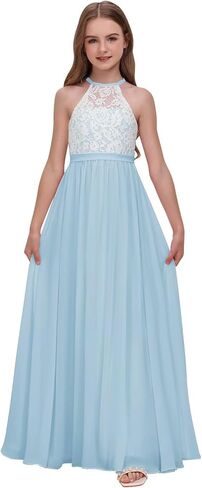 Chiffon Junior Bridesmaid Dress for Wedding Lace Applique Halter Sleeveless A-Line Long Formal Flower Girl Dress in Saudi Arabia