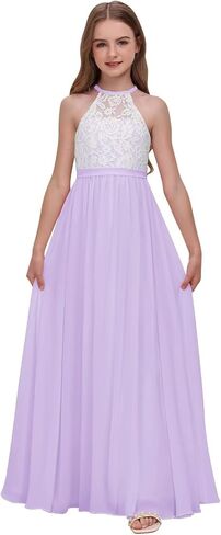 Chiffon Junior Bridesmaid Dress for Wedding Lace Applique Halter Sleeveless A-Line Long Formal Flower Girl Dress in Saudi Arabia