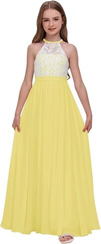 Chiffon Junior Bridesmaid Dress for Wedding Lace Applique Halter Sleeveless A-Line Long Formal Flower Girl Dress in Saudi Arabia