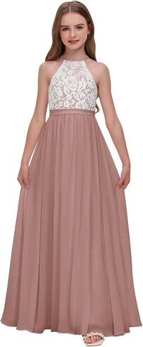Chiffon Junior Bridesmaid Dress for Wedding Lace Applique Halter Sleeveless A-Line Long Formal Flower Girl Dress in Saudi Arabia