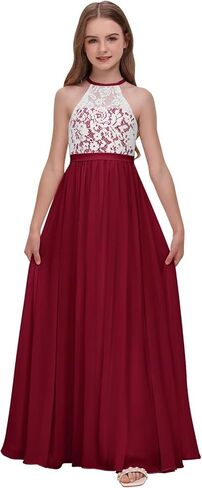 Chiffon Junior Bridesmaid Dress for Wedding Lace Applique Halter Sleeveless A-Line Long Formal Flower Girl Dress in Saudi Arabia