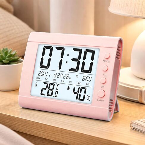 Auto Set Digital Wall Clock, Desk Clocks with Temperature, Humidity and Date, Large Display Digital Calendar Alarm Clock for Elderly, Bedroom, Office, White (Not Battery Included) in Saudi Arabia