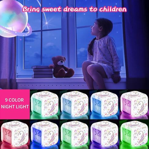 Kids Alarm Clocks, Unicorn Night Light Kids Alarm Clocks with 4 Sided Unicorn Pattern&9 Kinds of LED Glowing Wake Up Bedside Clock Gifts for Unicorn Room Decor for Girls Bedroom in Saudi Arabia