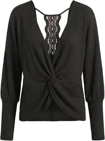 CUPSHE Womens Long Sleeve Crewneck Blouse Sexy Back Lace Ribbed Knit Tops in Saudi Arabia