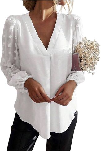 SweatyRocks Women's Plus Size V Neck Blouses Swiss Dots Bishop Sleeve Dressy Casual Flowy Top Tunic Shirts in Saudi Arabia