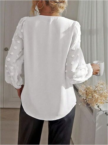بلوزات SweatyRocks النسائية مقاس كبير ورقبة على شكل V ونقاط سويسرية وأكمام أسقف أنيقة وقمصان علوية غير رسمية متدفقة in Kuwait