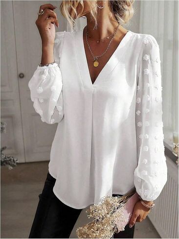 بلوزات SweatyRocks النسائية مقاس كبير ورقبة على شكل V ونقاط سويسرية وأكمام أسقف أنيقة وقمصان علوية غير رسمية متدفقة in Kuwait