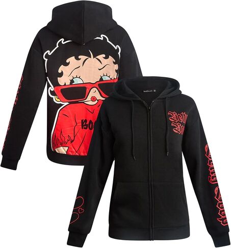 سترة بغطاء للرأس بسحاب للنساء من Betty Boop - سترة بغطاء للرأس بسحاب كامل للنساء مع رباط قابل للتعديل وجيوب أمامية (S-XL) in Saudi Arabia