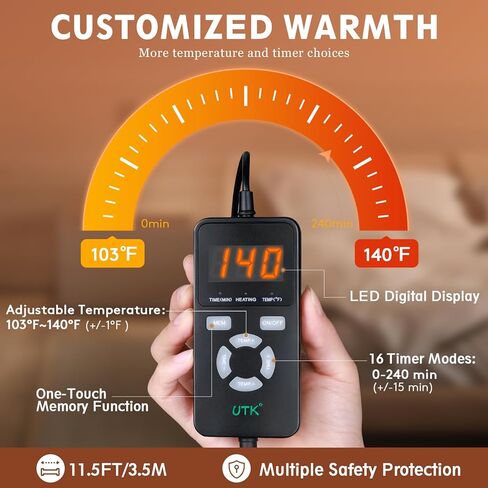 UTK 36" x 24" Extra Large Far Infrared Heating Pad, 5X Deeper Pain Relief for Neck Shoulder Back, Christmas Gifts for Mom Dad Women Men, Hotter to 140℉, 4H Auto Shut Off, Washable, Ultra-Soft in Saudi Arabia
