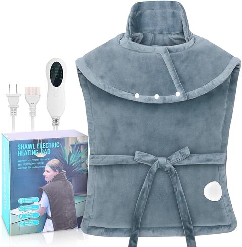 شال تسخين كهربائي مع جهاز تحكم عن بعد - 10 مستويات للحرارة، مؤقت 45/90/120 دقيقة، دفء 120 وات، فانيلا رمادية 60 × 84 سم، وسادات تدفئة للرقبة والظهر، سلك قابل للفصل، قابل للغسل in Kuwait