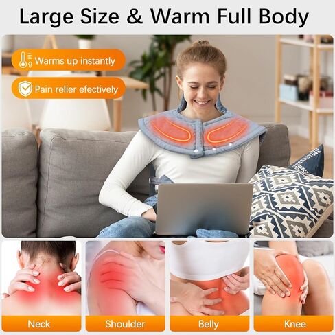 شال تسخين كهربائي مع جهاز تحكم عن بعد - 10 مستويات للحرارة، مؤقت 45/90/120 دقيقة، دفء 120 وات، فانيلا رمادية 60 × 84 سم، وسادات تدفئة للرقبة والظهر، سلك قابل للفصل، قابل للغسل in Kuwait