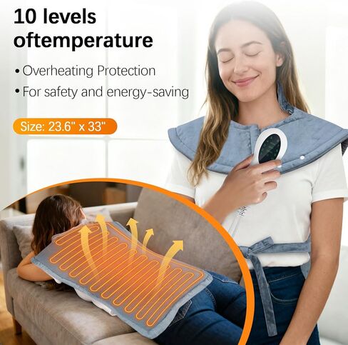 شال تسخين كهربائي مع جهاز تحكم عن بعد - 10 مستويات للحرارة، مؤقت 45/90/120 دقيقة، دفء 120 وات، فانيلا رمادية 60 × 84 سم، وسادات تدفئة للرقبة والظهر، سلك قابل للفصل، قابل للغسل in Kuwait