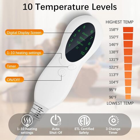 شال تسخين كهربائي مع جهاز تحكم عن بعد - 10 مستويات للحرارة، مؤقت 45/90/120 دقيقة، دفء 120 وات، فانيلا رمادية 60 × 84 سم، وسادات تدفئة للرقبة والظهر، سلك قابل للفصل، قابل للغسل in Kuwait