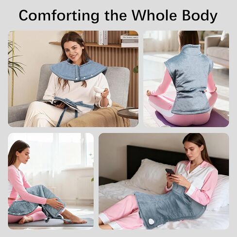 شال تسخين كهربائي مع جهاز تحكم عن بعد - 10 مستويات للحرارة، مؤقت 45/90/120 دقيقة، دفء 120 وات، فانيلا رمادية 60 × 84 سم، وسادات تدفئة للرقبة والظهر، سلك قابل للفصل، قابل للغسل in Kuwait