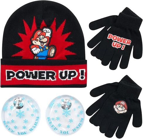 Nintendo Super Mario Bros. Winter Hat and 2 Pair Gloves (Toddlers/Little Boys), Size Age 4-7,Super Mario Gloves Set Black with Handwarmers in Saudi Arabia