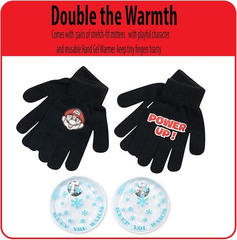 Nintendo Super Mario Bros. Winter Hat and 2 Pair Gloves (Toddlers/Little Boys), Size Age 4-7,Super Mario Gloves Set Black with Handwarmers in Saudi Arabia