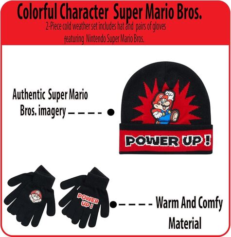 Nintendo Super Mario Bros. Winter Hat and 2 Pair Gloves (Toddlers/Little Boys), Size Age 4-7,Super Mario Gloves Set Black with Handwarmers in Saudi Arabia