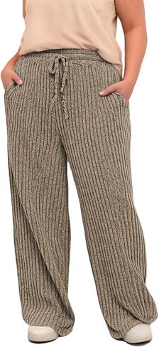 ROSRISS Womens-Plus-Size Wide Leg Pants Elastic High Waisted Casual Ribbed Knit Palazzo Pants Trousers with Pockets 1X-5X in Saudi Arabia
