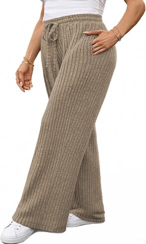 ROSRISS Womens-Plus-Size Wide Leg Pants Elastic High Waisted Casual Ribbed Knit Palazzo Pants Trousers with Pockets 1X-5X in Saudi Arabia