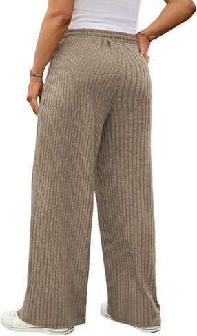 ROSRISS Womens-Plus-Size Wide Leg Pants Elastic High Waisted Casual Ribbed Knit Palazzo Pants Trousers with Pockets 1X-5X in Saudi Arabia
