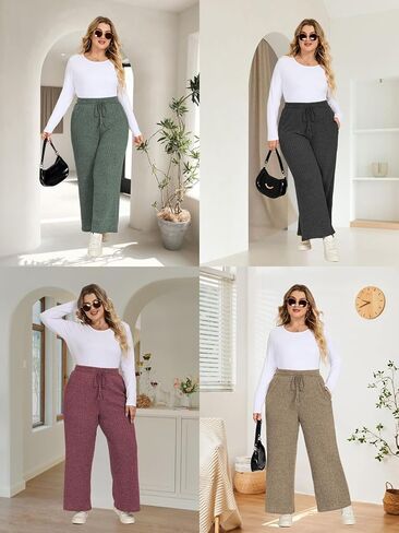 ROSRISS Womens-Plus-Size Wide Leg Pants Elastic High Waisted Casual Ribbed Knit Palazzo Pants Trousers with Pockets 1X-5X in Saudi Arabia