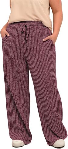 ROSRISS Womens-Plus-Size Wide Leg Pants Elastic High Waisted Casual Ribbed Knit Palazzo Pants Trousers with Pockets 1X-5X in Saudi Arabia