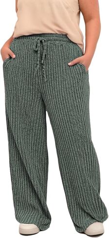 ROSRISS Womens-Plus-Size Wide Leg Pants Elastic High Waisted Casual Ribbed Knit Palazzo Pants Trousers with Pockets 1X-5X in Saudi Arabia