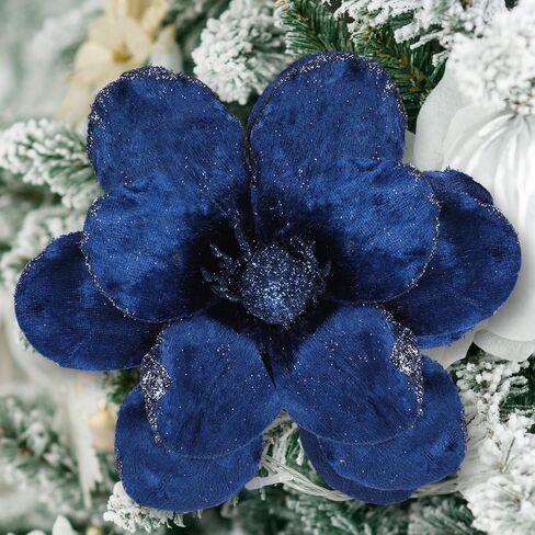 XunYee 10 Pcs Christmas Glitter Flowers Magnolia Flowers Christmas Tree Decorations White Poinsettia Flower Ornaments with Clips Artificial Floral for Christmas Tree Holiday DIY Wreath Party Decor in Kuwait