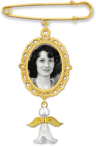 Gold Memorial Wedding Bouquet Photo Charm Pin with Angel Charm for Bride's Flowers on Wedding Day in Saudi Arabia