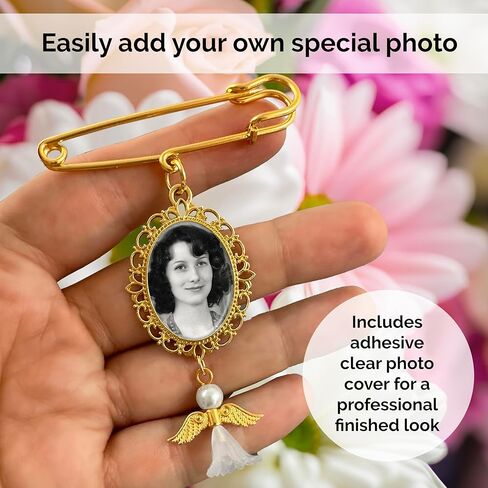 Gold Memorial Wedding Bouquet Photo Charm Pin with Angel Charm for Bride's Flowers on Wedding Day in Saudi Arabia