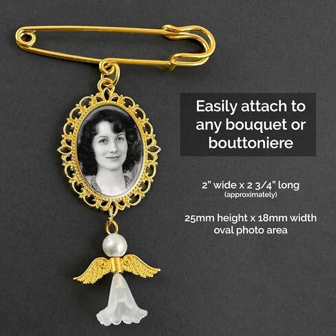 Gold Memorial Wedding Bouquet Photo Charm Pin with Angel Charm for Bride's Flowers on Wedding Day in Saudi Arabia