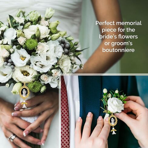 Gold Memorial Wedding Bouquet Photo Charm Pin with Angel Charm for Bride's Flowers on Wedding Day in Saudi Arabia