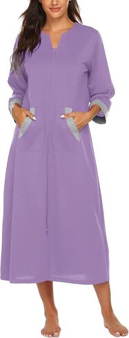 Ekouaer Women Zipper Robe 3/4 Sleeves Loungewear Dress Full Length Sleepwear Pockets Housecoat Nightgown Long Bathrobe in Kuwait