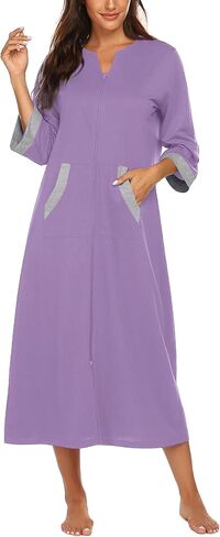 Ekouaer Women Zipper Robe 3/4 Sleeves Loungewear Dress Full Length Sleepwear Pockets Housecoat Nightgown Long Bathrobe in Kuwait