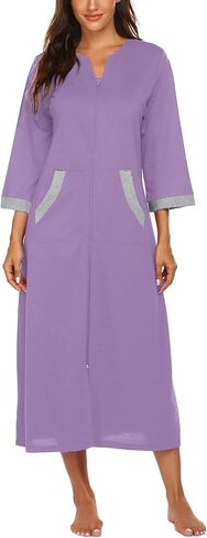 Ekouaer Women Zipper Robe 3/4 Sleeves Loungewear Dress Full Length Sleepwear Pockets Housecoat Nightgown Long Bathrobe in Kuwait