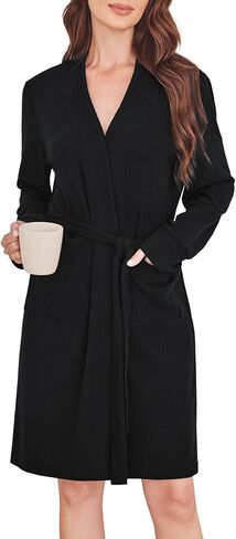 Women's Robes Spa Kimono Bathrobe Ribbed Knit Knee Length Loungewear With Pockets in Saudi Arabia