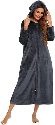 Women's Hooded Plush Robe Winter Warm Flannel Fleece Bathrobe with Pockets Long Soft Zipper Front Robe in Saudi Arabia