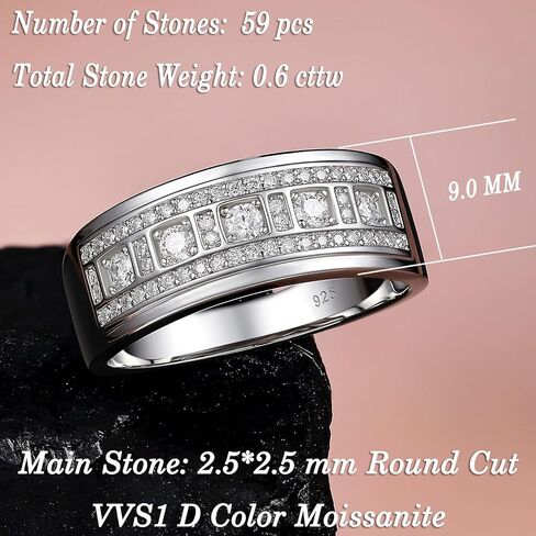 D Color VVS1 Moissanite Rings for Men 925 Sterling Silver Mens Wedding Band Promise Engagement Round Size 9-12 in Saudi Arabia