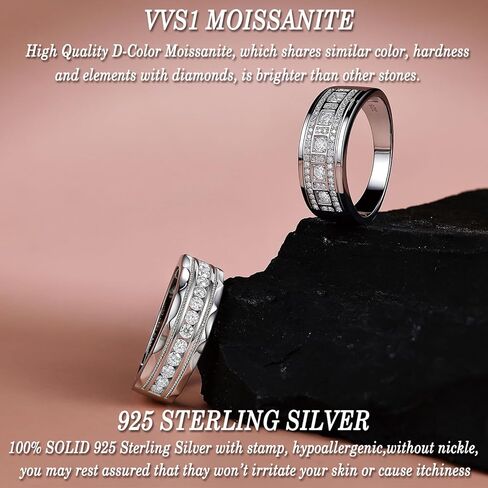 D Color VVS1 Moissanite Rings for Men 925 Sterling Silver Mens Wedding Band Promise Engagement Round Size 9-12 in Saudi Arabia