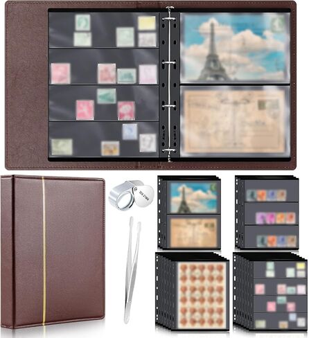 Lewtemi Stamp Collecting Albums Set Stamp Collection Book Include 20 Pages Album Binder Tweezer and Loop Magnifier Collecting Supplies for Collectors in Kuwait