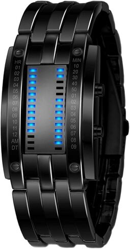 Reginald Fashion Mens Binary Sports Watch Digital LED Matrix Waterproof Outdoor Casual Black Bracelet Blue Backlit Men's Square Watch in Saudi Arabia