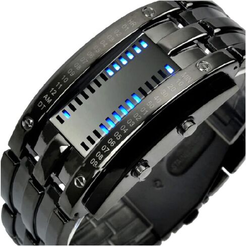 Reginald Fashion Mens Binary Sports Watch Digital LED Matrix Waterproof Outdoor Casual Black Bracelet Blue Backlit Men's Square Watch in Saudi Arabia