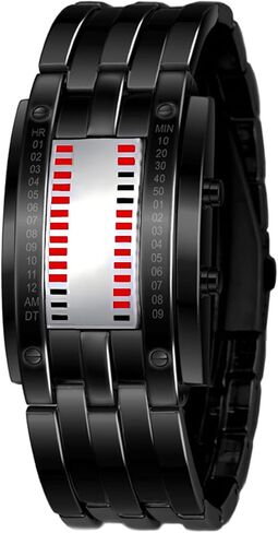 Reginald Fashion Mens Binary Sports Watch Digital LED Matrix Waterproof Outdoor Casual Black Bracelet Blue Backlit Men's Square Watch in Saudi Arabia
