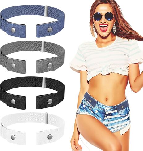 4pcs Adjustable Belts for Women Men No Buckle - Invisible Lazy Elastic Belts for Women Stretcht, Buckleless Belt Jean Waist Tightener, Plus Size Pant - Black, White, Dark Blue & Gray in Saudi Arabia