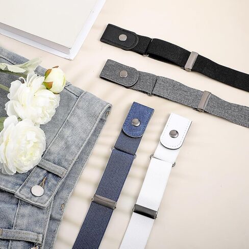 4pcs Adjustable Belts for Women Men No Buckle - Invisible Lazy Elastic Belts for Women Stretcht, Buckleless Belt Jean Waist Tightener, Plus Size Pant - Black, White, Dark Blue & Gray in Saudi Arabia