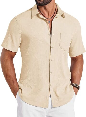 COOFANDY Mens Button Down Shirts Short Sleeve Shirt Casual Summer Beach Textured Shirts with Pocket in Saudi Arabia