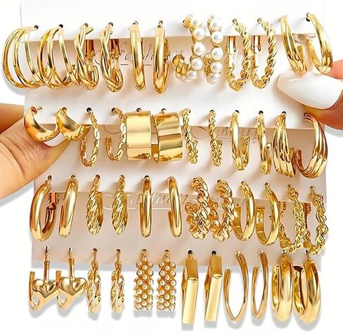 24 Pairs Earrings Set for Women,Gold Hoop Earrings Set,Hypoallergenic Fashion Ears Accessories in Saudi Arabia