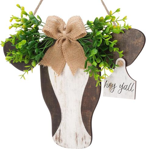 Cow Head Door Sign Wooden Cow Welcome Hanger with Bow and Leaves Retro Farmhouse Hanging Hanger for Front Door Porch Indoor Outdoor Home Decor in Saudi Arabia