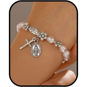 Cross Pearl Bracelet for Women Catholic Flower Rosary Bracelet Silver Bracelets Pendant Statement Trendy Bracelets Jewelry Gifts for Women in Kuwait